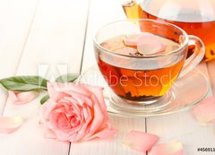 Fototapeta vliesov 200 x 144, 45691138 - teapot and cup of tea with roses on white wooden table