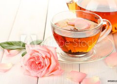 Fototapeta254 x 184  teapot and cup of tea with roses on white wooden table, 254 x 184 cm