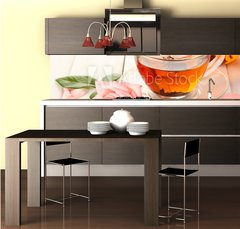 Fototapeta do kuchyn flie 260 x 60  teapot and cup of tea with roses on white wooden table, 260 x 60 cm