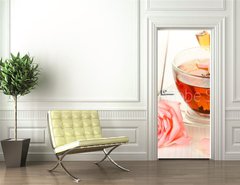 Samolepka na dvee flie 90 x 220  teapot and cup of tea with roses on white wooden table, 90 x 220 cm