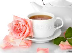 Samolepka flie 100 x 73, 45798978 - teapot and cup of tea with rose isolated on white - ajov konvice a lek aje s r izolovanch na blm