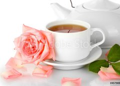 Fototapeta vliesov 200 x 144, 45798978 - teapot and cup of tea with rose isolated on white - ajov konvice a lek aje s r izolovanch na blm