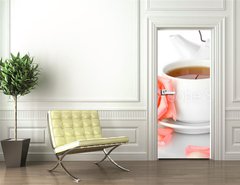 Samolepka na dvee flie 90 x 220, 45798978 - teapot and cup of tea with rose isolated on white
