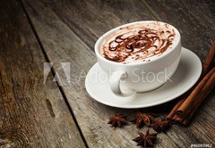 Fototapeta vliesov 145 x 100, 46093962 - coffee cup and beans, cinnamon sticks, nuts and chocolate on woo - lek kvy a fazole, skoice, oechy a okolda na woo
