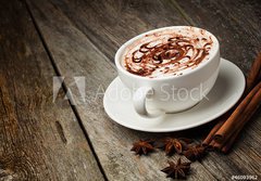 Fototapeta papr 184 x 128, 46093962 - coffee cup and beans, cinnamon sticks, nuts and chocolate on woo