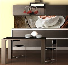 Fototapeta do kuchyn flie 260 x 60, 46093962 - coffee cup and beans, cinnamon sticks, nuts and chocolate on woo