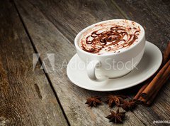 Fototapeta pltno 330 x 244, 46093962 - coffee cup and beans, cinnamon sticks, nuts and chocolate on woo