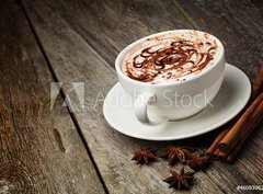 Fototapeta pltno 330 x 244, 46093962 - coffee cup and beans, cinnamon sticks, nuts and chocolate on woo - lek kvy a fazole, skoice, oechy a okolda na woo