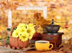 Fototapeta pltno 330 x 244, 46892212 - autumnal composition:coffee grinder, flowers  and leaves