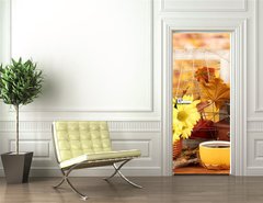 Samolepka na dvee flie 90 x 220  autumnal composition:coffee grinder, flowers and leaves, 90 x 220 cm