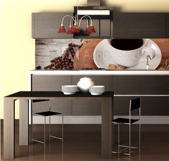 Fototapeta do kuchyn flie 260 x 60  cup of coofe on wooden tray, 260 x 60 cm
