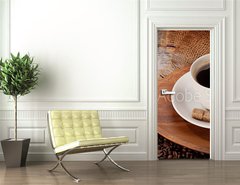 Samolepka na dvee flie 90 x 220  cup of coofe on wooden tray, 90 x 220 cm