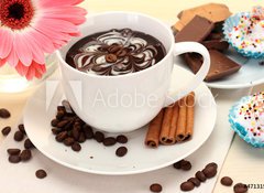 Fototapeta vliesov 100 x 73, 47131548 - cup of coffee and gerbera, beans, cinnamon sticks