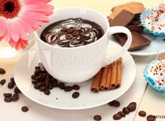 Fototapeta papr 360 x 266, 47131548 - cup of coffee and gerbera, beans, cinnamon sticks