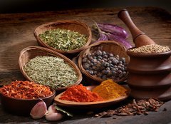 Fototapeta pltno 160 x 116, 47170066 - Different spices over a wood background. - Rzn koen na pozad deva.