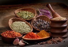 Fototapeta papr 184 x 128, 47170066 - Different spices over a wood background. - Rzn koen na pozad deva.