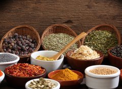 Samolepka flie 100 x 73  Different bowls of spices, 100 x 73 cm