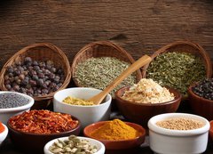 Samolepka flie 200 x 144  Different bowls of spices, 200 x 144 cm
