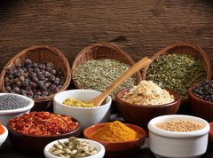 Samolepka flie 270 x 200  Different bowls of spices, 270 x 200 cm