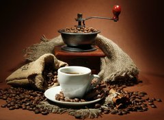 Fototapeta100 x 73  cup of coffee, grinder, turk and coffee beans, 100 x 73 cm