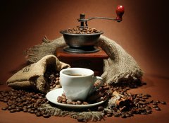 Fototapeta papr 160 x 116, 47552401 - cup of coffee, grinder, turk and coffee beans - lek kvy, mlnky, tuk a kvov zrna