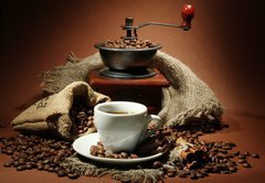 Fototapeta174 x 120  cup of coffee, grinder, turk and coffee beans, 174 x 120 cm