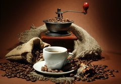 Fototapeta184 x 128  cup of coffee, grinder, turk and coffee beans, 184 x 128 cm