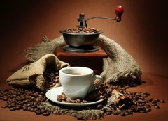 Fototapeta pltno 240 x 174, 47552401 - cup of coffee, grinder, turk and coffee beans - lek kvy, mlnky, tuk a kvov zrna