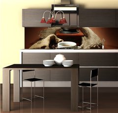 Fototapeta do kuchyn flie 260 x 60  cup of coffee, grinder, turk and coffee beans, 260 x 60 cm