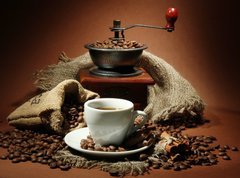 Fototapeta pltno 330 x 244, 47552401 - cup of coffee, grinder, turk and coffee beans