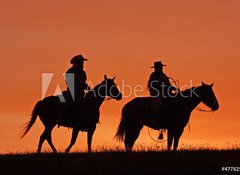 Samolepka flie 100 x 73  Cowboys on Horseback Silhouette at sunset, 100 x 73 cm