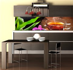 Fototapeta do kuchyně fólie 260 x 60, 48082292 - Arrangement aus Teekanne, Teeglas gr nem Tee und Orchidee - Uspořádání z Teekanne, Teeglas gr nem Tee a Orchidee