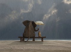 Samolepka flie 100 x 73, 48939769 - elephant and dog sit under the rain - slon a pes sed pod d隝