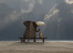 Fototapeta plátno 160 x 116, 48939769 - elephant and dog sit under the rain - slon a pes sedí pod déšť
