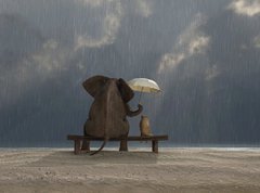 Samolepka flie 270 x 200, 48939769 - elephant and dog sit under the rain - slon a pes sed pod d隝