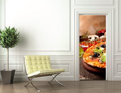 Samolepka na dvee flie 90 x 220  Delicious fresh pizza served on wooden table, 90 x 220 cm