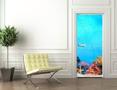 Samolepka na dvee flie 90 x 220  Underwater scene. Coral reef, fish groups in clear ocean water, 90 x 220 cm