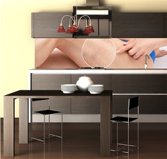 Fototapeta do kuchyn flie 260 x 60, 524125512 - Beautiful slender woman sits on a couch in a spa salon. She shows varicose veins in the lower legs.Treatment of varicose veins and capillaries.