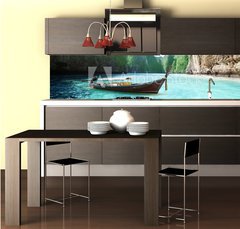 Fototapeta do kuchyn flie 260 x 60  rock of Phi Phi island in Thailand and wooden platform, 260 x 60 cm