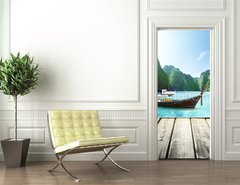 Samolepka na dvee flie 90 x 220  rock of Phi Phi island in Thailand and wooden platform, 90 x 220 cm