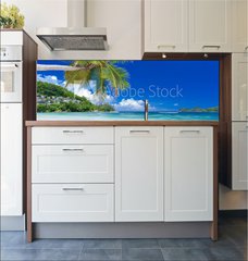 Fototapeta do kuchyn flie 180 x 60  cocotier pench sur plage des Seychelles, 180 x 60 cm