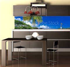 Fototapeta do kuchyn flie 260 x 60  cocotier pench sur plage des Seychelles, 260 x 60 cm