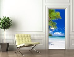 Samolepka na dvee flie 90 x 220  cocotier pench sur plage des Seychelles, 90 x 220 cm