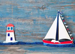Samolepka flie 100 x 73, 53456935 - Sommerlicher Hintergrund aus Holz in Blau mit Segelboot