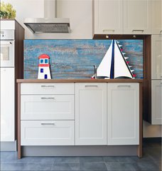 Fototapeta do kuchyn flie 180 x 60, 53456935 - Sommerlicher Hintergrund aus Holz in Blau mit Segelboot - Sommerlicher Hintergrund aus Holz v Blau mit Segelboot