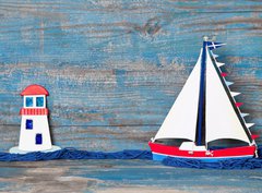 Fototapeta pltno 330 x 244, 53456935 - Sommerlicher Hintergrund aus Holz in Blau mit Segelboot - Sommerlicher Hintergrund aus Holz v Blau mit Segelboot