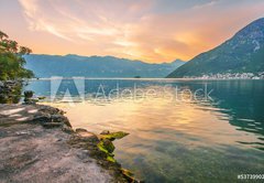 Fototapeta pltno 174 x 120, 53739902 - Sunset on the sea with the  foggy mountains