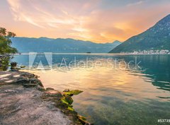 Fototapeta papr 360 x 266, 53739902 - Sunset on the sea with the  foggy mountains