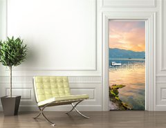 Samolepka na dvee flie 90 x 220  Sunset on the sea with the foggy mountains, 90 x 220 cm