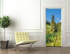 Samolepka na dvee flie 90 x 220  Nature of green trees and blue sky, near Medeo in Kazakhstan, 90 x 220 cm